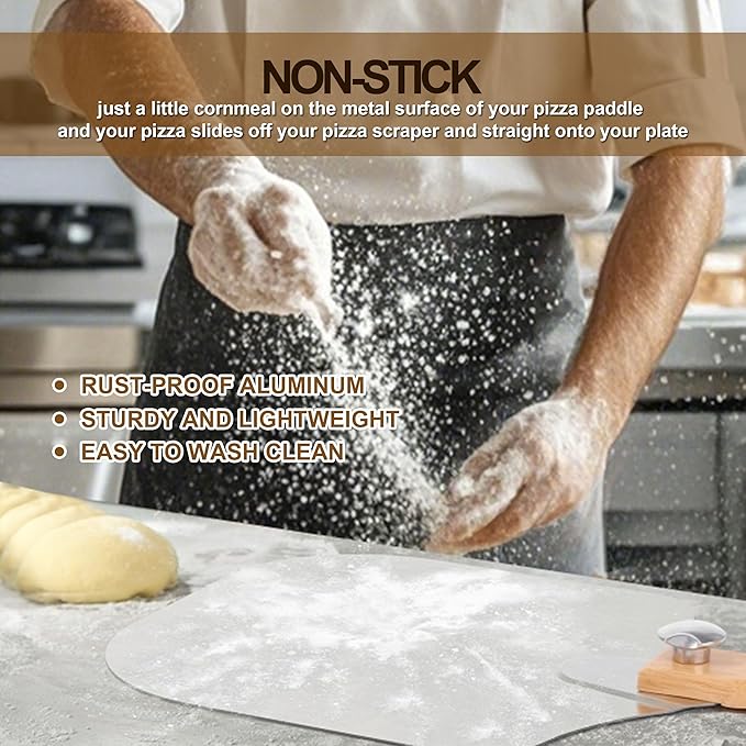 Aluminum Metal Pizza Peel 16 Inch, Extra Large Pizza Paddle (14"X 16") With 14’’ Pizza Cutter Rocker & 10” Pizza Server, Pizza Spatula Paddle With Foldable Wooden Handle For Easy Storage