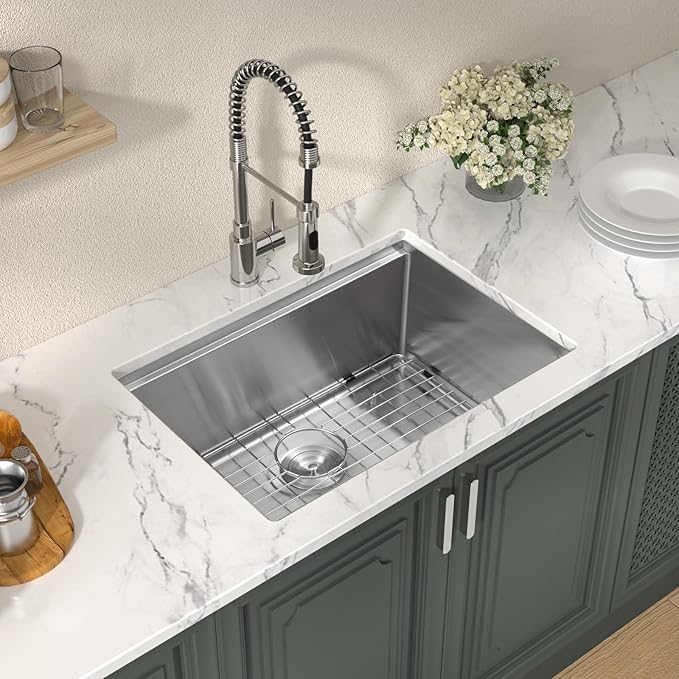 Lordear 26 Undermount Kitchen Sink Workstation 26x19 Stainless Steel Sinks 16 Gauge Deep Single Bowl Under Counter Kitchen Sink Basin with Cutting Board