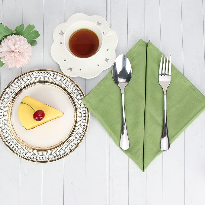 Solid Color Linen Blended Thin Dinner Cloth Napkins - Set of 12 (40 x 40 cm) - for Events & Home Use (Multi Green)