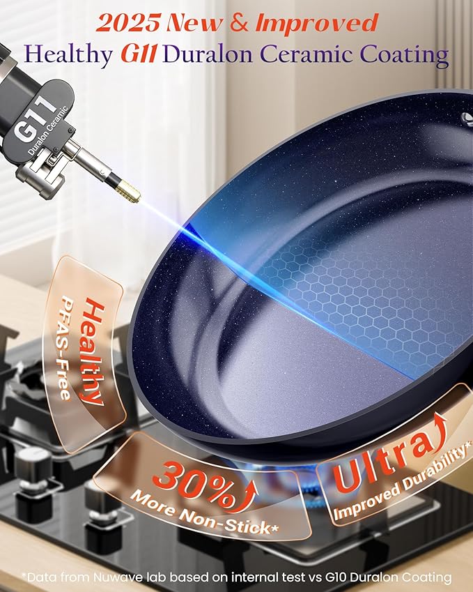 Nuwave Essential Series 5PC Ceramic Cookware Set PFAS-Free, G11 Duralon Blue Coating, Pots and Pans Set Non Stick, Diamond Scratch-Resistant,Stay-Cool Handle, Metal Lid,Induction Ready,Dishwasher Safe