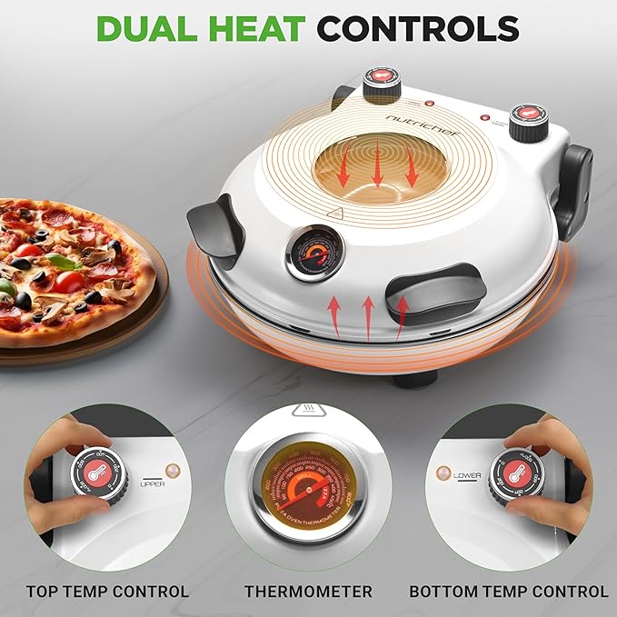 NutriChef Electric Pizza Oven | 1200W Countertop Pizza Maker with Temperature Control & Thermometer | Viewing Window for Precise Cooking | Heats up to 800˚F | Easy to Clean Non-Stick Coating | White