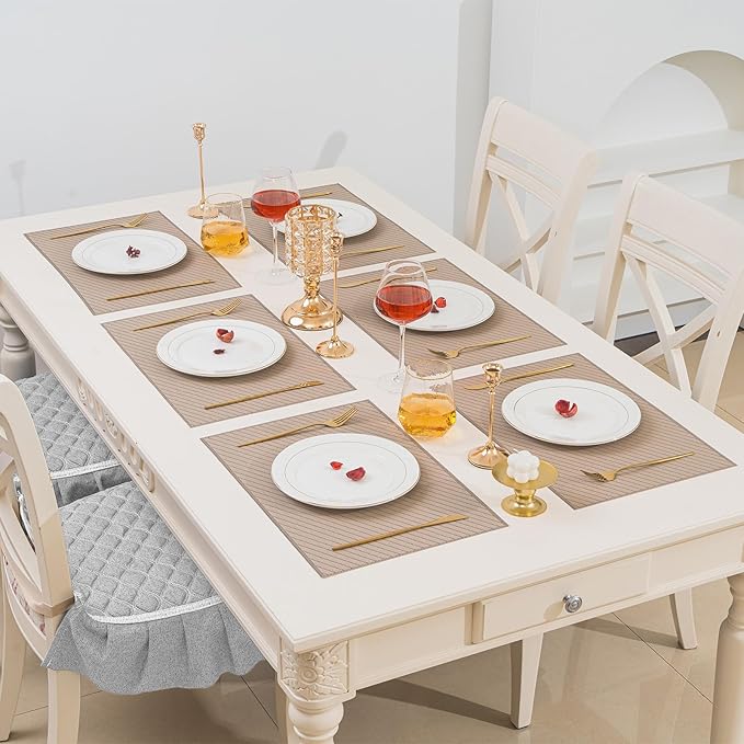 BACKTOEDEN Placemats Set of 6 Heat Resistant Washable Wipeable Placemat Woven Non-Slip Foldable Vinyl/Plastic Place Mats Indoor/Outdoor Mat Kitchen Dining Table Pad, Khaki Twill