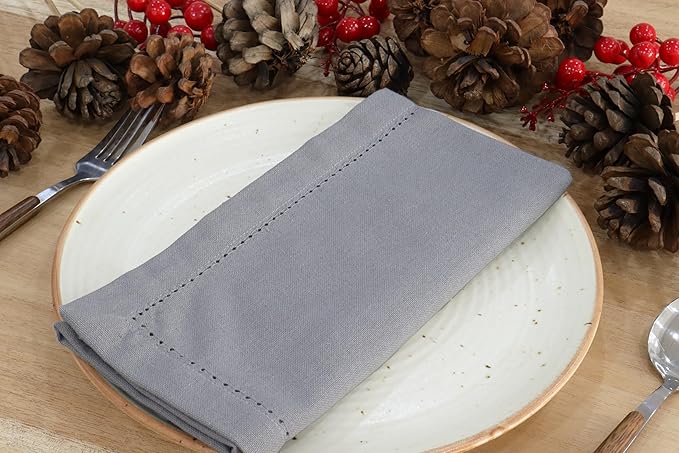 PurpleEssences Set of 6 Hemstitch Cloth Dinner Napkins 100% Cotton - Soft Durable Washable - Ideal for Wedding Christmas Holiday Winter - Perfect Everyday Use Table Linen 18x18 - Ash Grey