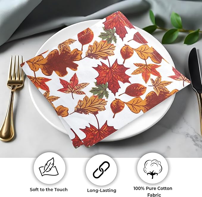 Urban Villa Cloth Napkins Leaves Print Dinner Napkins Set of 12 20X20 100% Cotton Absorbent Washable Durable Reusable Cloth Napkins Ideal for Farmhouse Party Thanksgiving Harvest Fall Dinner Napkins