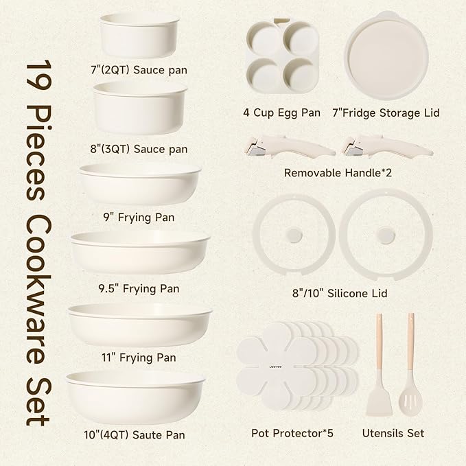 JEETEE Pots and Pans Set Non Stick 19pcs, Kitchen Cookware Sets with Detachable Handle, Induction Nonstick Cookware Set with Removable Handle, Stackable RV Cookware, Oven Safe, PFAS/PFOA Free, Beige