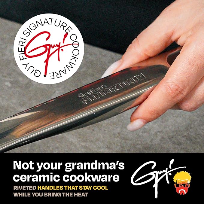Guy Fieri's Flavortown 6-Piece Ceramic Cookware Set, 8" & 10.2" Frypans, 2QT Saucepan, 3.2QT Sautépan Nonstick, Made without PFAS PTFE PFOA, Oven & Dishwasher Safe, Easy to Clean Everyday Cookware
