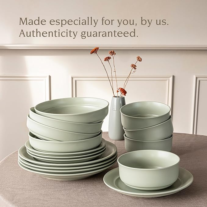 over&back Rim Dinnerware Set - Stoneware Dishes - Comes with 4 Dinner Plates, Salad Plates, Cereal Bowls, and Dinner Bowls - 16-Piece All-Occasion Place Settings - Serves Four - Semi-Matte Sage