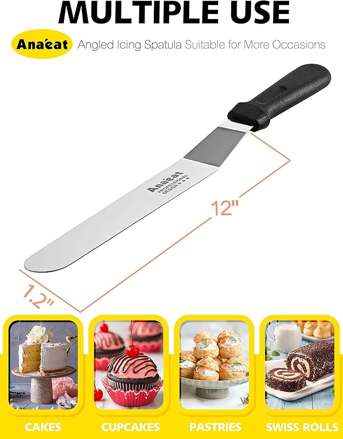Anaeat Icing Spatula, Professional Cake Angled Offset Spatula with 12" Stainless Steel Blade - Thickened Frosting Knife with Durable Plastic Handle for Cake Decorating, Pastry & Baking