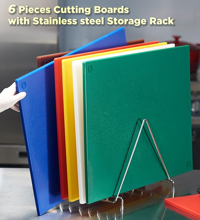 CURTA 6-Piece NSF 24" x 18" x 1/2" Multi-Colored Flexible Cutting Board Kit with Stainless steel Storage Rack, Color Coded Plastic Chopping Board with Anti Slip Surface Dishwasher Safe
