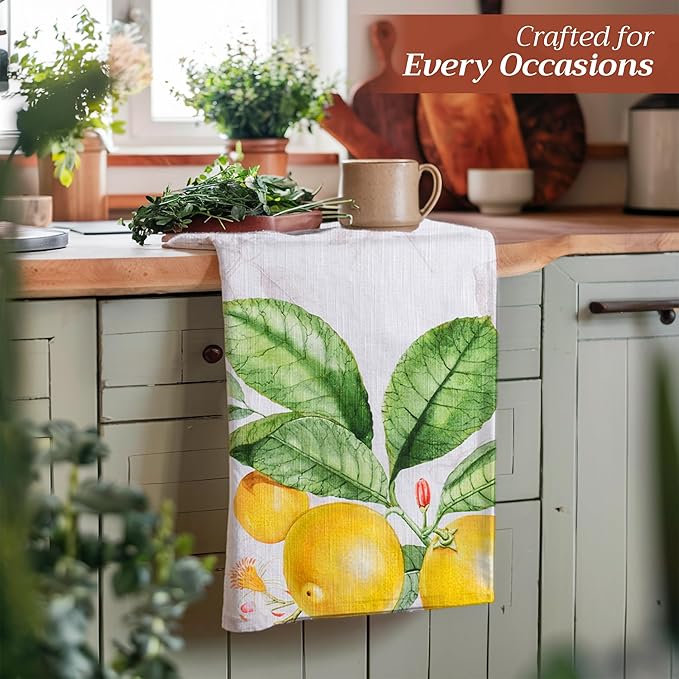 Maison d' Hermine Kitchen Towels Set of 3 100% Cotton 27.50" x 20" Reusable Cloth Tea Dish Towels Absorbent with Hanging Loop for Kitchen, Home, Dining, Cocktail Parties Spring/Summer (Limoncello)