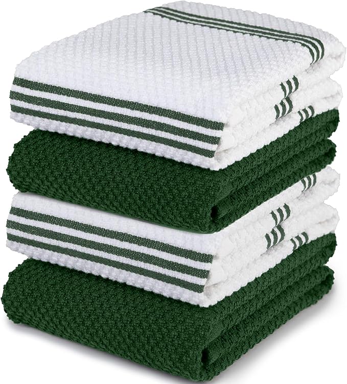 Sticky Toffee Cotton Kitchen Towels Set of 4 – 28x16 in Dark Green and White Dish Towels, Reusable and Absorbent Tea Towels for Cleaning or Drying, Oeko-Tex Cotton