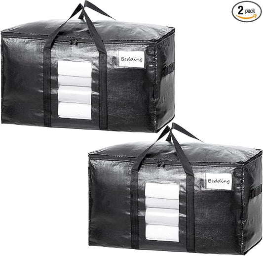 TAILI Extra Large Moving Bags, 2 Pack Black Heavy Duty Totes for Storage with Visible Window, Wrap Around Handles, Storage Bags for Space Saving, Alternative to Moving Boxes