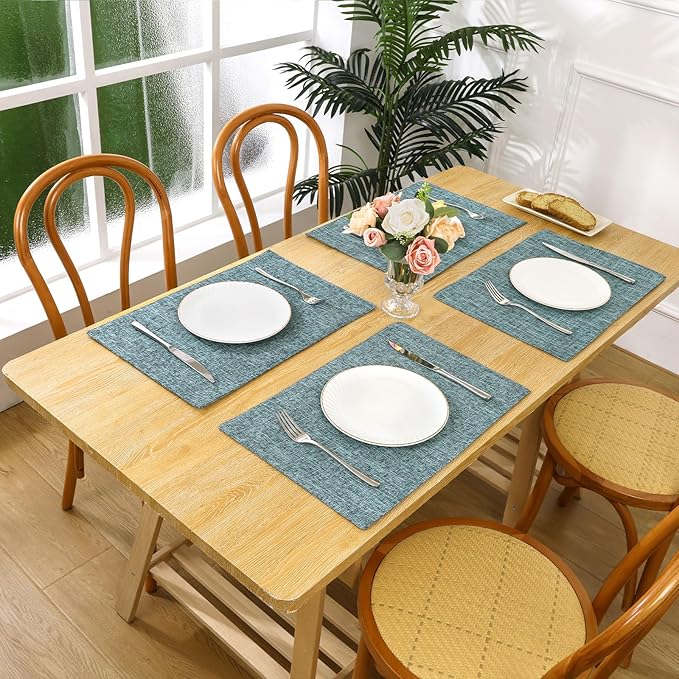 SHACOS Washable Fabric Placemats Set of 4 Heat Resistant Double Layer Cloth Table Mats Non Slip Farmhouse Place Mats, Blue Grey