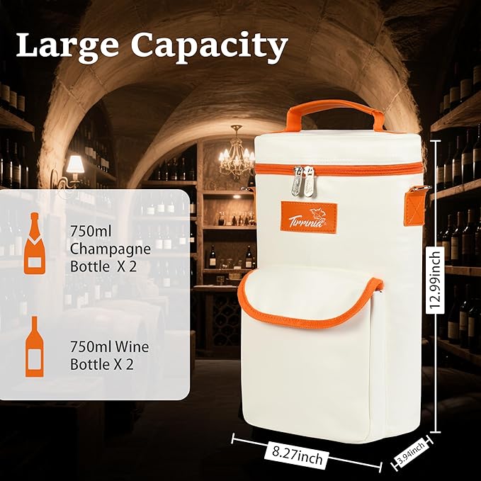 Tirrinia 2 Bottle Wine Gift Tote Carrier - Leakproof & Insulated with large pockets Wine Cooler Bag for Travel, Wine Tasting, Party, Dinner, Great Gift for Wine Lover,White Orange