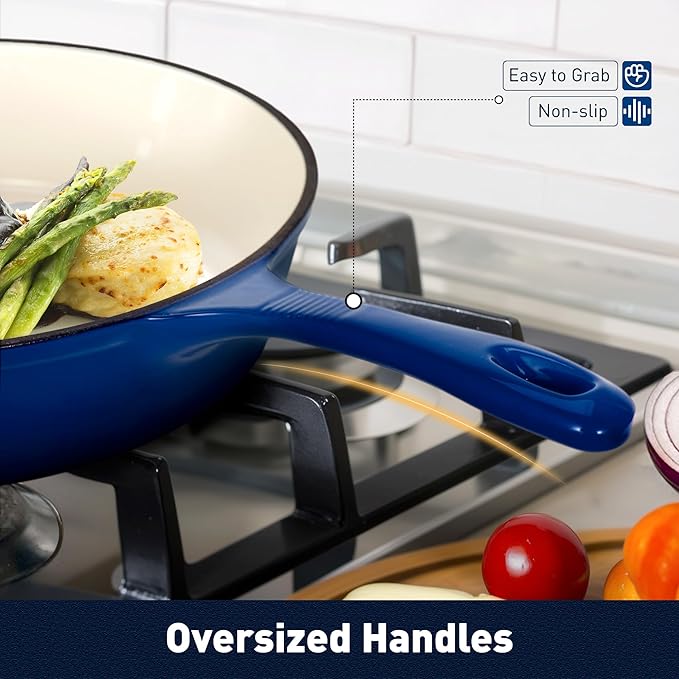 DishDelight Enameled Cast Iron Cookware Set, 7 Piece Set of Dutch Ovens, Sauce Pan, Skillet, 3 Lids, Ceramic Coated Cast Iron Dutch Oven Set, Round Dutch Oven Pot for Sourdough Bread Baking，Blue