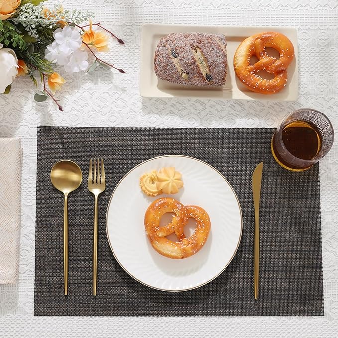 SHACOS Placemats Set of 6 Woven Vinyl Place Mats Wipeable Heat Resistant Plastic Non Slip Table Mats Indoor Outdoor, Black Brown