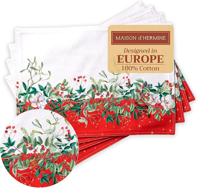 Maison d' Hermine Placemats Set of 4 100% Cotton Washable Cloth Place Mats, Reusable Table Mats for Thanksgiving Christmas Decorations Kitchen Dining Party Wedding Restaurant (Noel, 13" x 19")