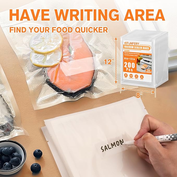 FUNFERY Pre-cut Vacuum Sealer Bags for Food, 200 Quart 8" x 12", Food Long-Term Storage and Sous Vide Commercial-Grade Bag,BPA Free Bags,Easy Labled