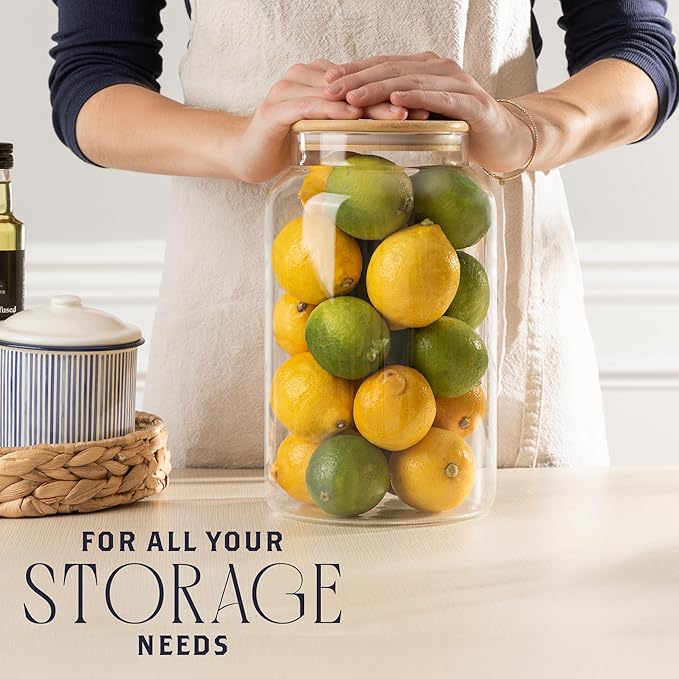 Large 1 Gallon Glass Large Jar with Airtight Bamboo Lid - High Borosilicate Canister for Kitchen Food Storage Organizing, Terrarium, Pantry Decorative Container & Laundry Room - Pack of 2