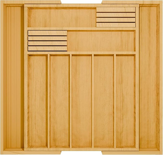 Bamboo Kitchen Drawer Organizer - Bamboo Expandable Drawer Organizer Utensil Holder & Cutlery Tray - Adjustable Wood Drawer Dividers Organizer for Silverware, Flatware, Knives (9 Slot)