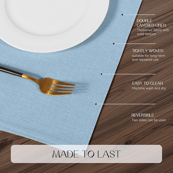Romanstile Cloth Placemats Set of 8-12 x 18 Inch, Heat Resistant Double Layered Thickened Burlap Place Mats, Washable Faux Linen Farmhouse Table Mats for Kitchen/Dining/Party/Outdoor, Blue