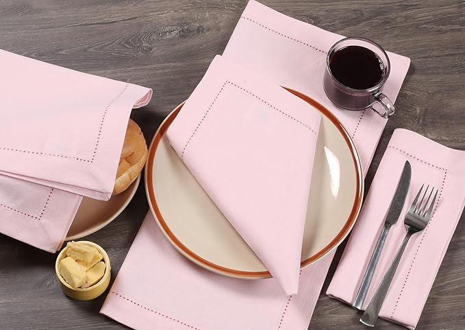 Bedding Craft Cotton Cloth Dinner Napkins Set of 12 – 18x18 Chalk Pink Hemstitched – Reusable Machine Washable Fabric Napkins for Weddings, Easter, Thanksgiving & Christmas