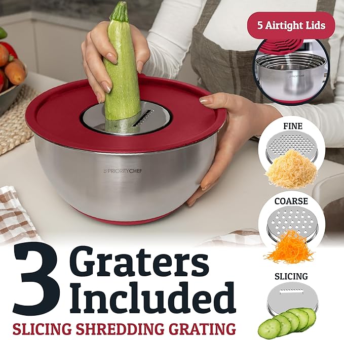 Priority Chef Stainless Steel Mixing Bowls with Lids Set, 3 Grater Attachments, Airtight Lids, Non-Slip Silicone Base Mixing Bowl Set, Large Prep Metal Mixing Bowls for Kitchen, Red