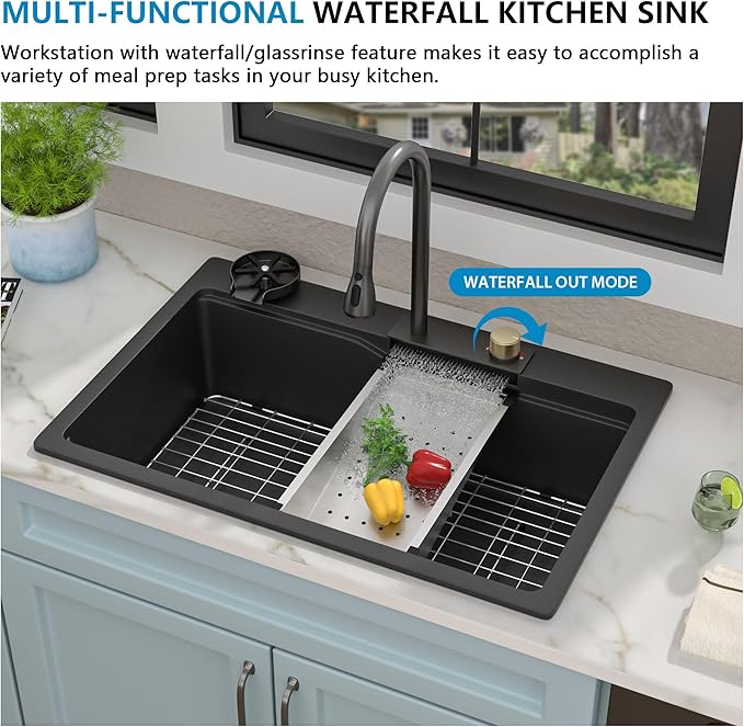 33"x22" Waterfall Kitchen Sink Workstation - Matte Black Granite Composite Quartz Classic Drop In Topmount Single Bowl Smart Waterfall Sink with Faucet Combo & Glass Rinser