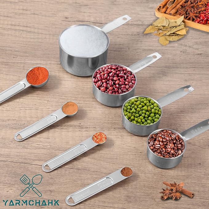 Stainless Steel Measuring Cups and Spoons Set, 8 Piece Essential Kitchen Tools, Measuring Kitchen Gadgets with Good Grips for Spice Jar, Liquid & Dry Ingredients, Pet Food, Coffee Scoop