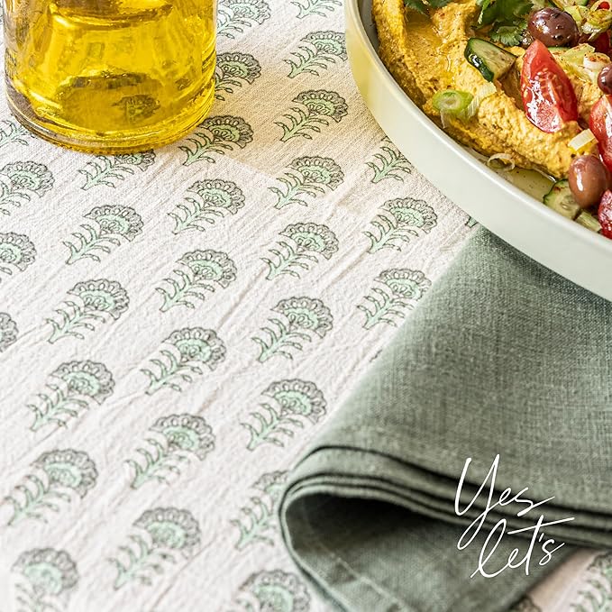 over&back Hand-Screened Tablecloth - Dining Table Cover - Each Tablecloth is Unique - 100% Cotton - Machine Washable - Kitchen and Home Decor - Green Flower - 70x90