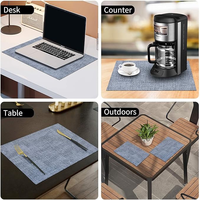 homing Faux Leather Heat Resistant Placemats 6 Packs, Waterproof Wipeable Dining PU Place Mats for Indoor & Outdoor, Easy to Clean, Denim Blue