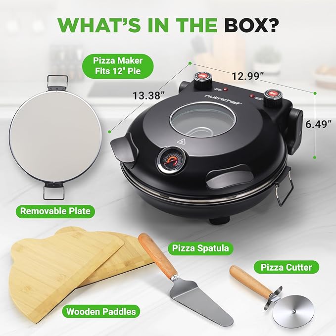 NutriChef Electric Pizza Oven | 1200W Countertop Pizza Maker with Temperature Control & Thermometer | Viewing Window for Precise Cooking | Heats up to 800˚F | Easy to Clean Non-Stick Coating (Black)
