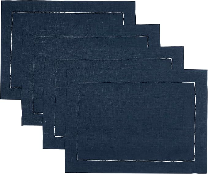 D'Moksha Homes Linen Placemats Set of 4 - Classic Hemstitch Navy Blue Placemats 14 x 19 Inch - 100% Pure Linen Table Mats for Fall, Thanksgiving, Holiday - Handcrafted and Machine Washable