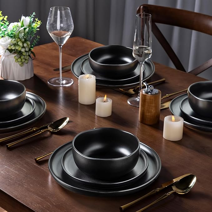AmorArc Ceramic Dinnerware Sets, Wavy Rim Stoneware Plates and Bowls Sets, Highly Chip and Crack Resistant | Dishwasher & Microwave & Oven Safe Dishes set, Service for 4 (12pc)-Matte Black