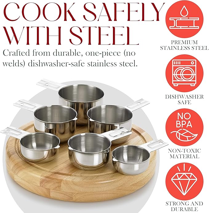 Bellemain One-Piece Stainless Steel Measuring Cups Set of 6 – Nesting Metal Measuring Cups for Kitchen – Dry & Liquid Measurements (ML & OZ), Rust-Resistant, Dishwasher Safe, Ergonomic Design