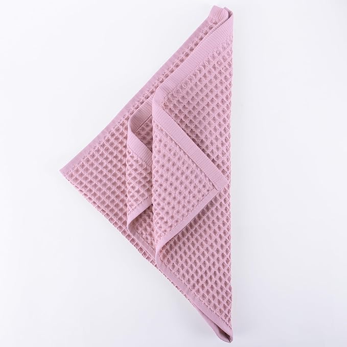 PÜSKÜL Organic Waffle Kitchen Towel 100% Turkish Cotton Set of 3 Pink - Premium Quality, Soft, Quick-Dry, Absorbent, Lint-Free Hand Towels 32X16 Inches (3, Pink Powder)