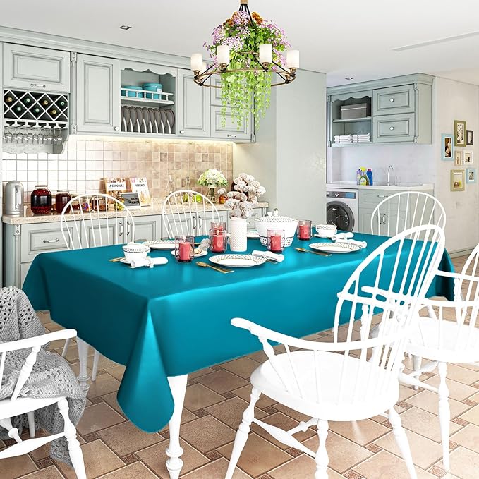 homing Rectangle Vinyl Tablecloth, Waterproof Spillproof Plastic Flannel Backed Table Cloth, Wipe Clean Table Cover for Dining, Buffet Parties and Camping (Turquoise, 60" x 120")