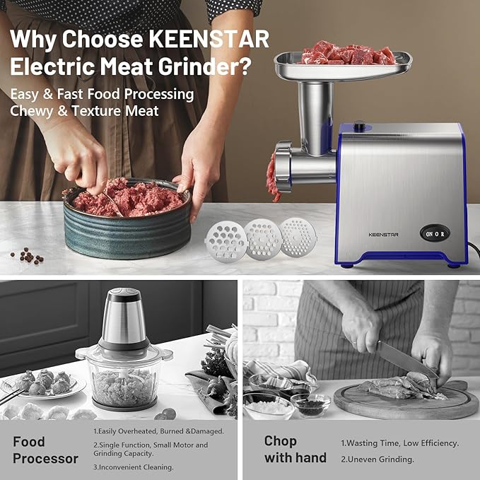 Electric Meat Grinder, Sausage Stuffer Maker 450W(3000W Max) Food Grinder with Blade & 3 Plates, Sausage Stuffer Tubes & Kubbe Kit, Stainless Steel Heavy Duty Meat Mincer Machine for Home Kitchen Use