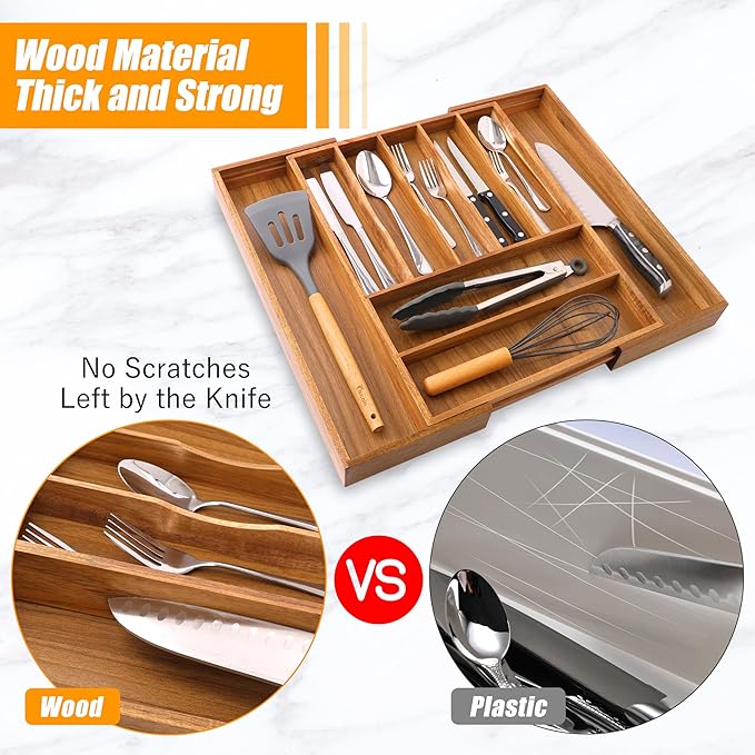 Bellsal Large Premium Acacia Wood Silverware Organizer - Expandable Utensil Drawer Organizer - 17"x19.6" Utensil Holder and Cutlery Tray with Grooved for Kitchen Flatware Utensils(7-9 Slot, Acacia)