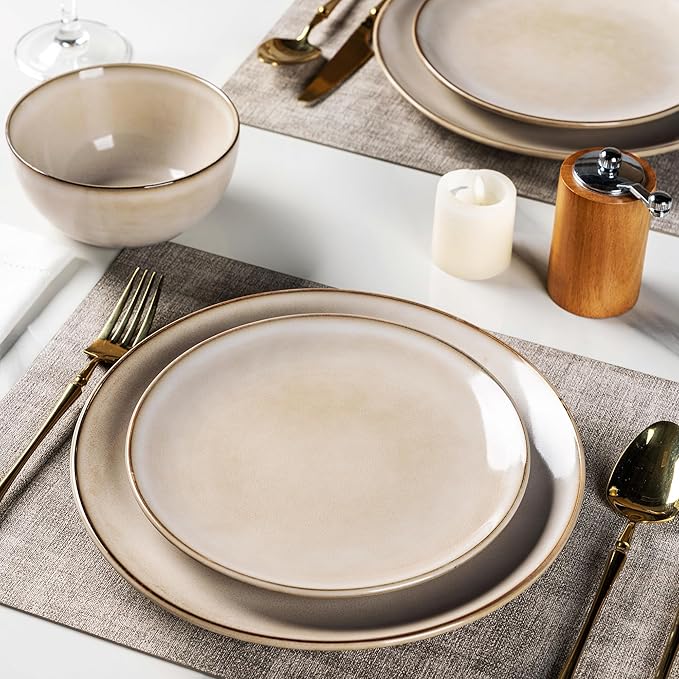 GBHOME Ceramic Dinnerware Sets for 8, 24 Pieces Stoneware Plates and Bowls Sets, Reactive Glaze Dishes -Scratch Resistant, Dishwasher&Microwave Safe-Cappuccino