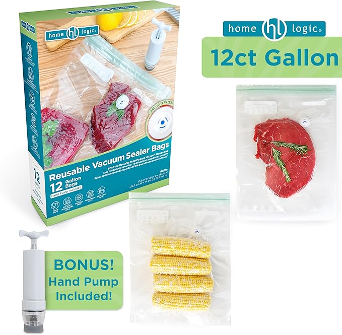 Home Logic Vacuum Sealer Reusable Bags – Freezer, Microwave & Sous Vide Safe Food Storage – 12 Gallon Bags, 10.5 Inch Width