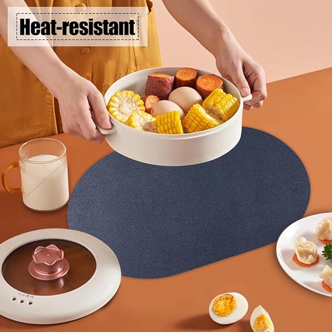 Reversible Placemats Set of 6 Waterproof Oval Faux Leather Placemat Navy Blue and Yellow PU Table Mats Heat Resistant Anti Slip Washable Place Mat for Indoor and Outdoor Dining Table