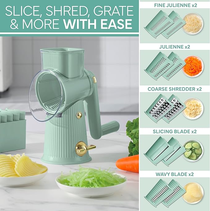 COOK WITH COLOR Rotary Cheese Grater with Handle - Counter Cheese Grater Suction Base with Hand Crank - 5 Blade Cheese Shredder - Easy to Use Manual Vegetable Chopper and Mandolin
