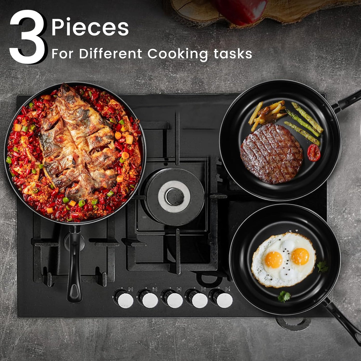 Nonstick Frying Pans Set of 3 - Carbon Steel Frying Pan with PFOA-Free Coating, Stay-Cool Handle, Oven & Dishwasher Safe, Include 2 Spatulas & 7.9, 10.2, 11.8 Inch Skillets for All Stovetops