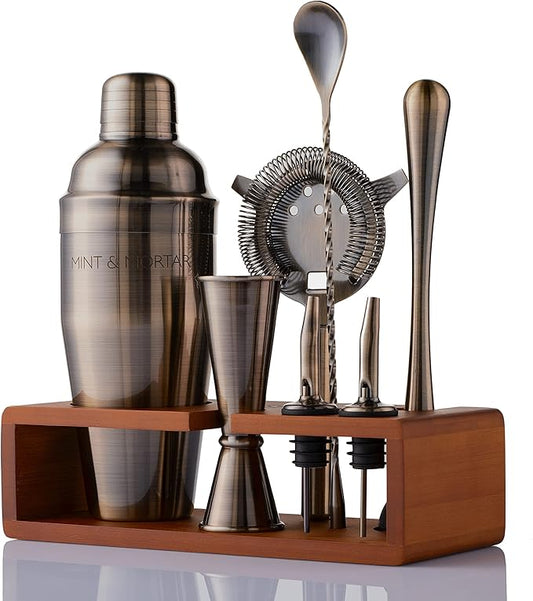Mint & Mortar Cocktail Shaker Set, 7-Piece Bartender Kit with Stand, 24oz Martini Shaker Bottle Stainless Steel Bar Tools, Home Bar Accessories Drink Mixer, Barware Gift Set - Brushed Gold