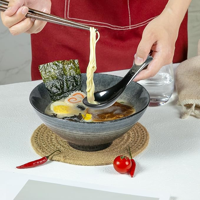 40 oz Ceramic Ramen Bowl Set of 2, Ramen Noodle Bowl with Spoons and Chopsticks 8 Inch Japanese Retro Style Large Soup, Pho, Udon Bowls, Microwave & Dishwasher Safe, Black