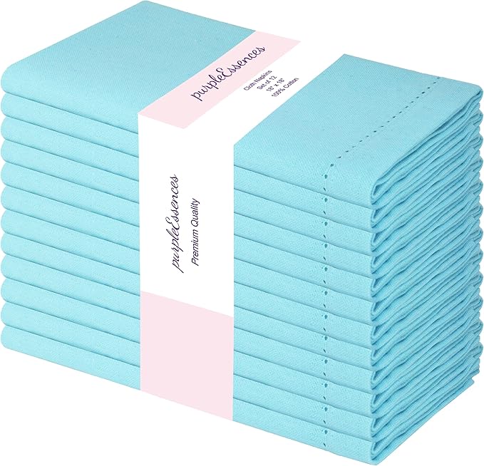 PurpleEssences Set of 12 Hemstitch Cloth Dinner Napkins 100% Cotton - Soft Durable Washable - Ideal for Wedding Fall Thanksgiving - Perfect Everyday Use Table Linen 18x18 - Aqua Blue