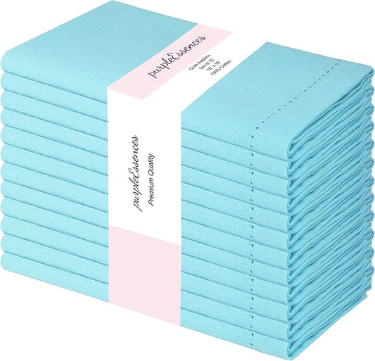 PurpleEssences Set of 12 Hemstitch Cloth Dinner Napkins 100% Cotton - Soft Durable Washable - Ideal for Wedding Fall Thanksgiving - Perfect Everyday Use Table Linen 18x18 - Aqua Blue