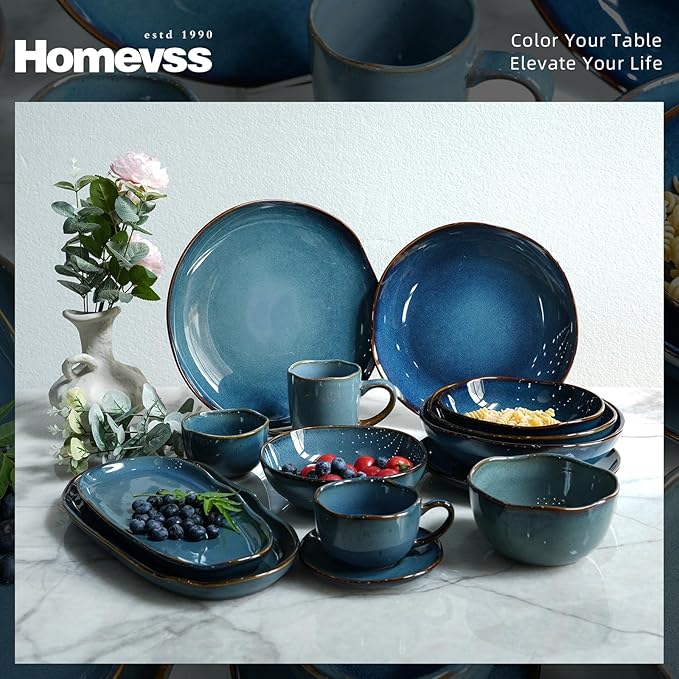 Highland 16pc Dinnerware Set, Unique Organic Shape Double Bowl, Stoneware Plate & Bowl Dish Set Service For 4, Scratch Resistant, Microwave & Dishwasher Safe, Natural Reactive Glaze, Blue