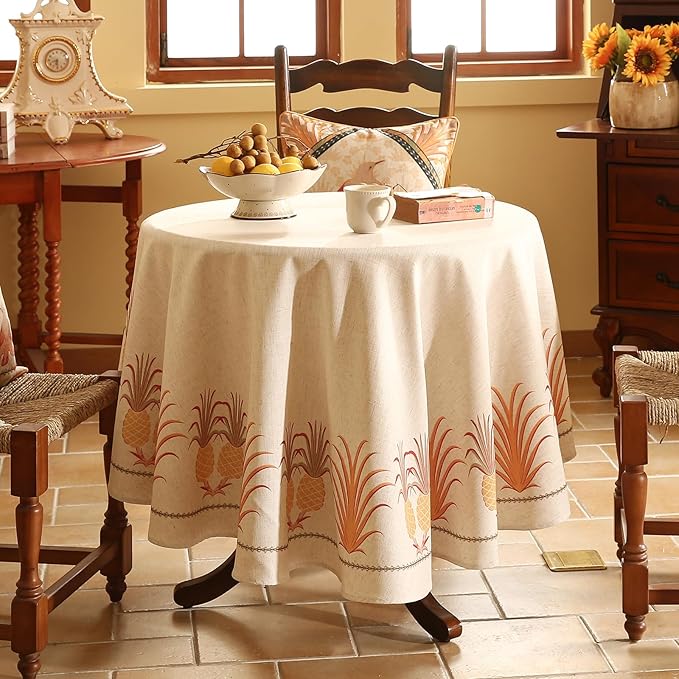 patdrea Designer Orange Tablecloth for Round Tables,Pineapple Tree Pattern Linen Tablecloth,Tropical Style Fruit Table Cover Cloth Decor for Kitchen Dining Christmas,Diameter 55"